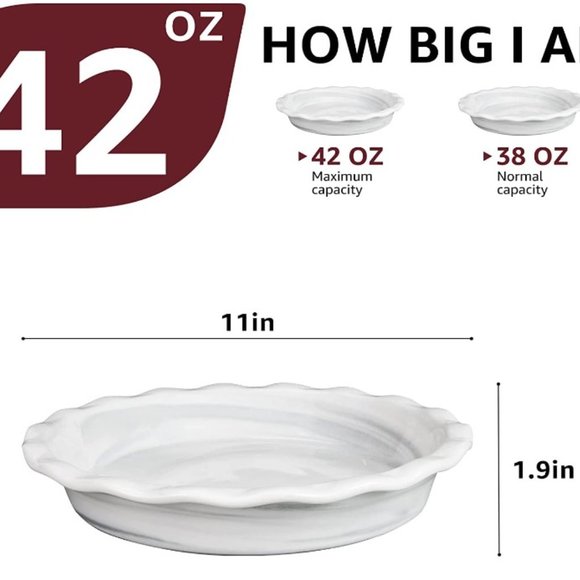 2 x ROUND RUFFLED-EDGE CERAMIC PIE PAN SET  (11"+5.5" - Marble Grey) - Picture 7 of 10